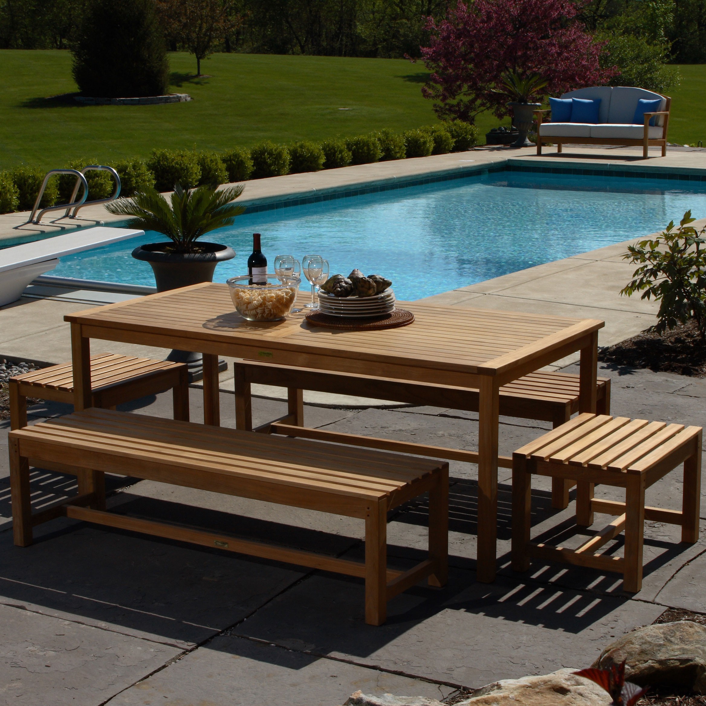 Three Birds Casual Teak Brunswick Rectangle Outdoor 4 Benches Dining Set