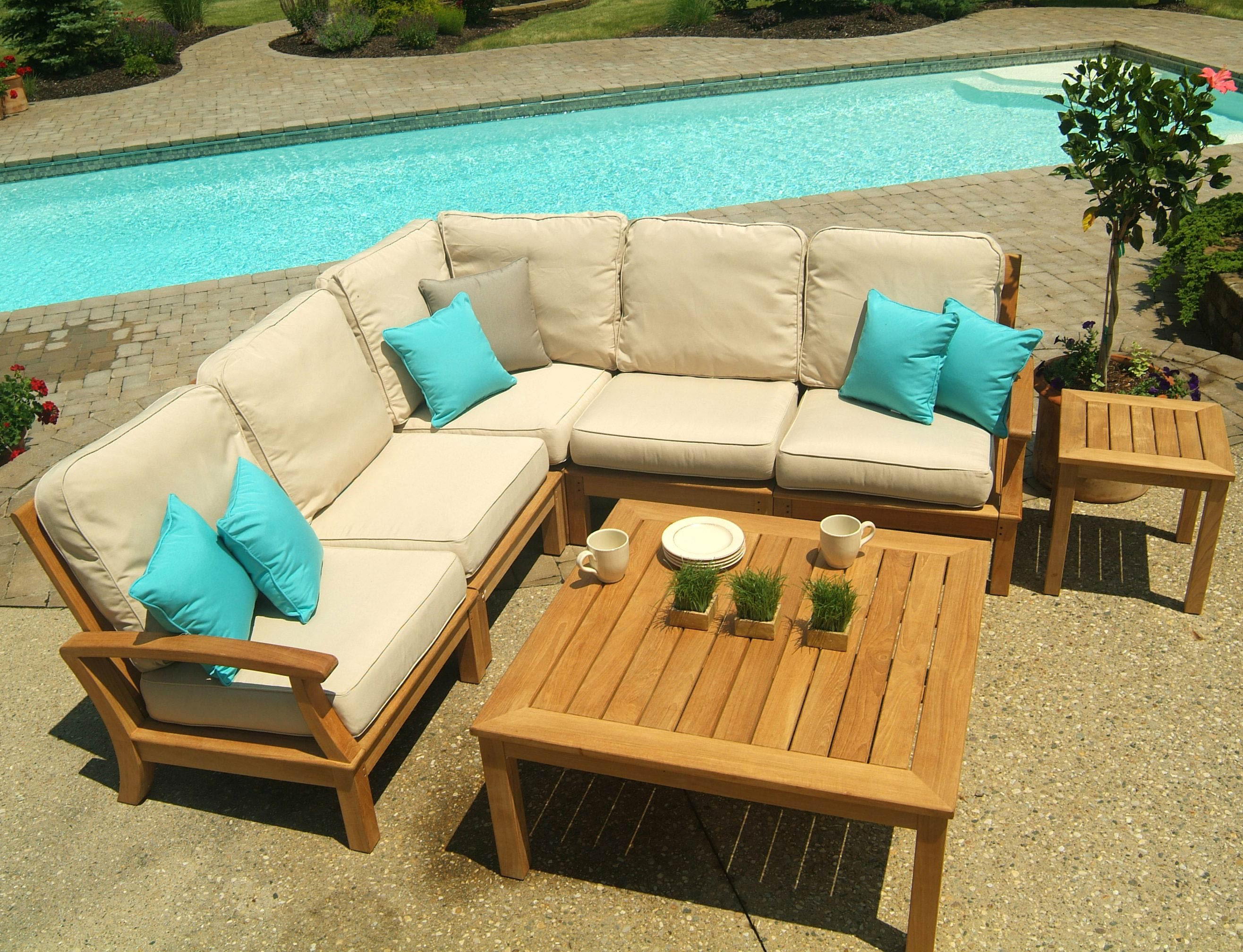 Three Birds Casual Teak Monterey Square Deep Seating Outdoor Sofa Dining Set